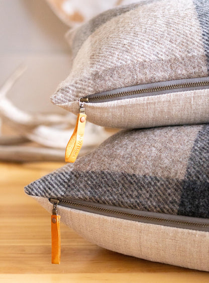 Tan & Charcoal Wool Pillow Cover – Oversized Gingham Style