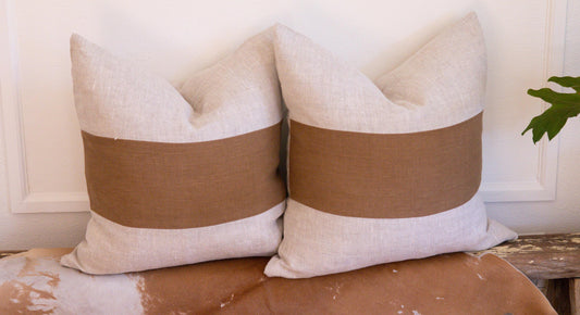 Caramel & Beige Colorblock Linen Pillow Cover – Handmade European Linen Cushion