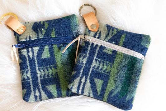 Navy and Green Wool Mini Clutch, Zippered Coin Purse, Key Fob Wallet, Credit Card Holder, Ear Bud Case, Teacher Gift