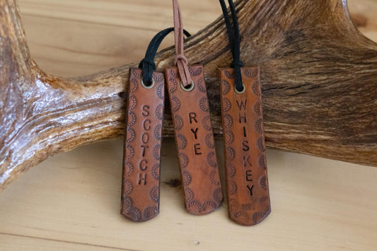 Personalized Western Leather Decanter Tag – Custom Hand-Stamped Liquor Bottle Label