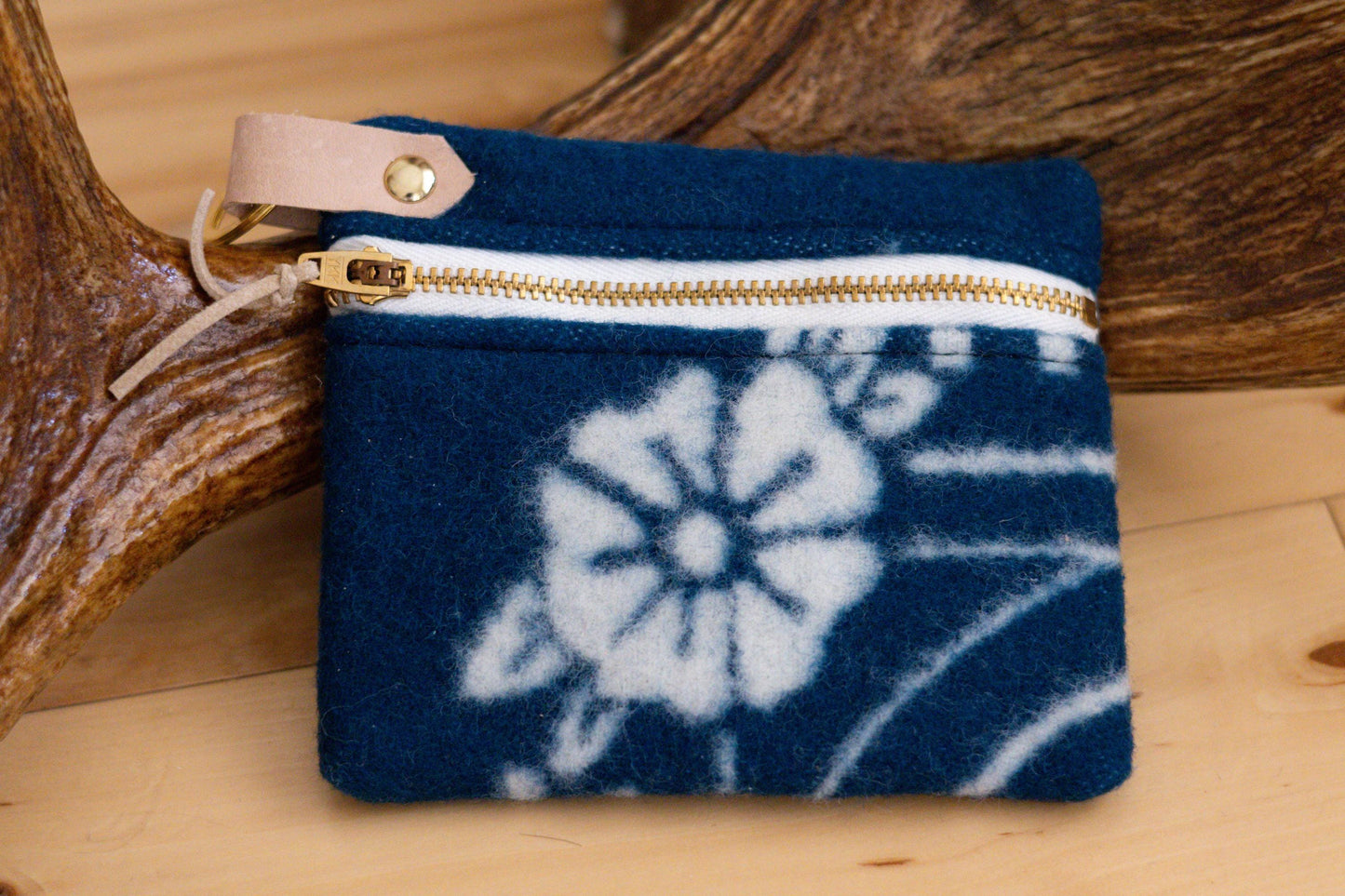 Southwestern style navy blue Wool clutch zippered ID Holder, small key fob wallet, tribal coin