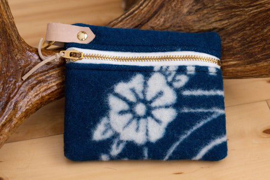 Southwestern style navy blue Wool clutch zippered ID Holder, small key fob wallet, tribal coin
