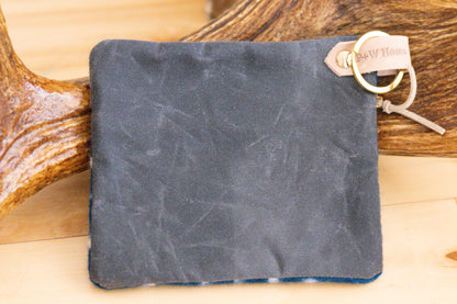 Southwestern style navy blue Wool clutch zippered ID Holder, small key fob wallet, tribal coin