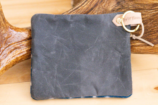 Southwestern style navy blue Wool clutch zippered ID Holder, small key fob wallet, tribal coin