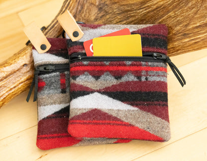 Southwestern style red Wool clutch zippered ID Holder, small key fob wallet, tribal coin