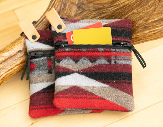 Southwestern style red Wool clutch zippered ID Holder, small key fob wallet, tribal coin