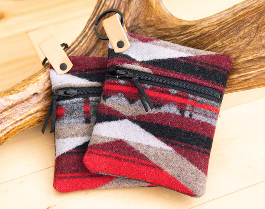 Southwestern style red Wool clutch zippered ID Holder, small key fob wallet, tribal coin