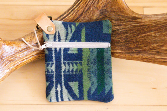 Navy and Green Wool Mini Clutch, Zippered Coin Purse, Key Fob Wallet, Credit Card Holder, Ear Bud Case, Teacher Gift