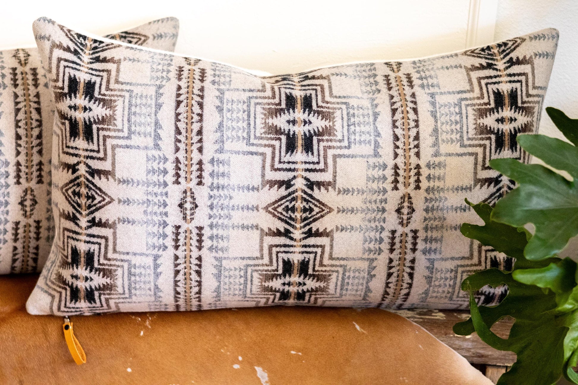 Patterned pillow on a couch with a plant in the background