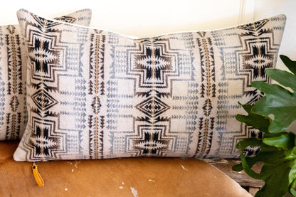 Patterned pillow on a couch with a plant in the background