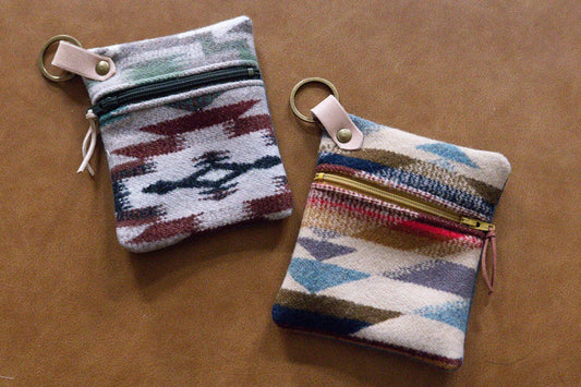 Southwestern style Wool Clutch Zippered ID Holder Small Key Fob Wallet Coin Purse