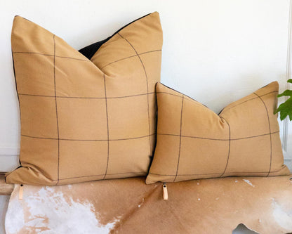 Two brown checkered pillows on a textured surface with a plant in the background