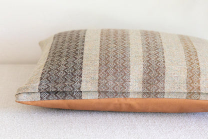 Tan Striped Wool & Leather Lumbar Pillow Cover 12x18, ready to ship