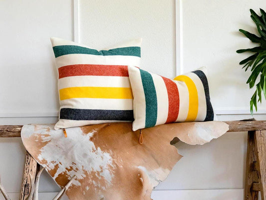 Glacier National Park Merino Wool Pillow Cover – Cream Base, Red, Green & Black Stripes