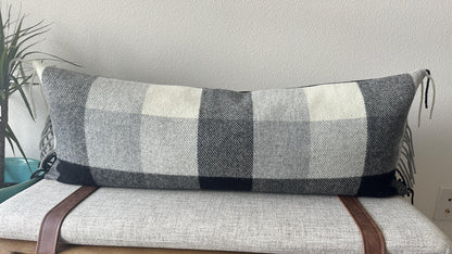 Black, Gray, and White Buffalo Plaid Wool Long Lumbar Pillow Cover