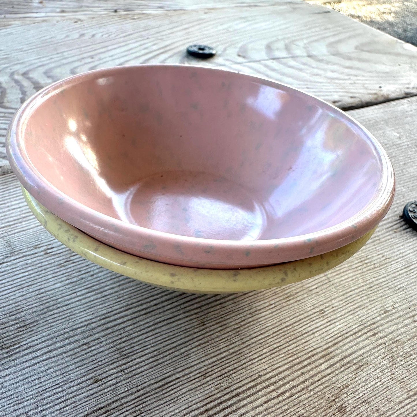 Retro Speckled Melmac Berry Bowls - Vintage Imperial Ware Pastel Pink & Aqua Sauce Dishes