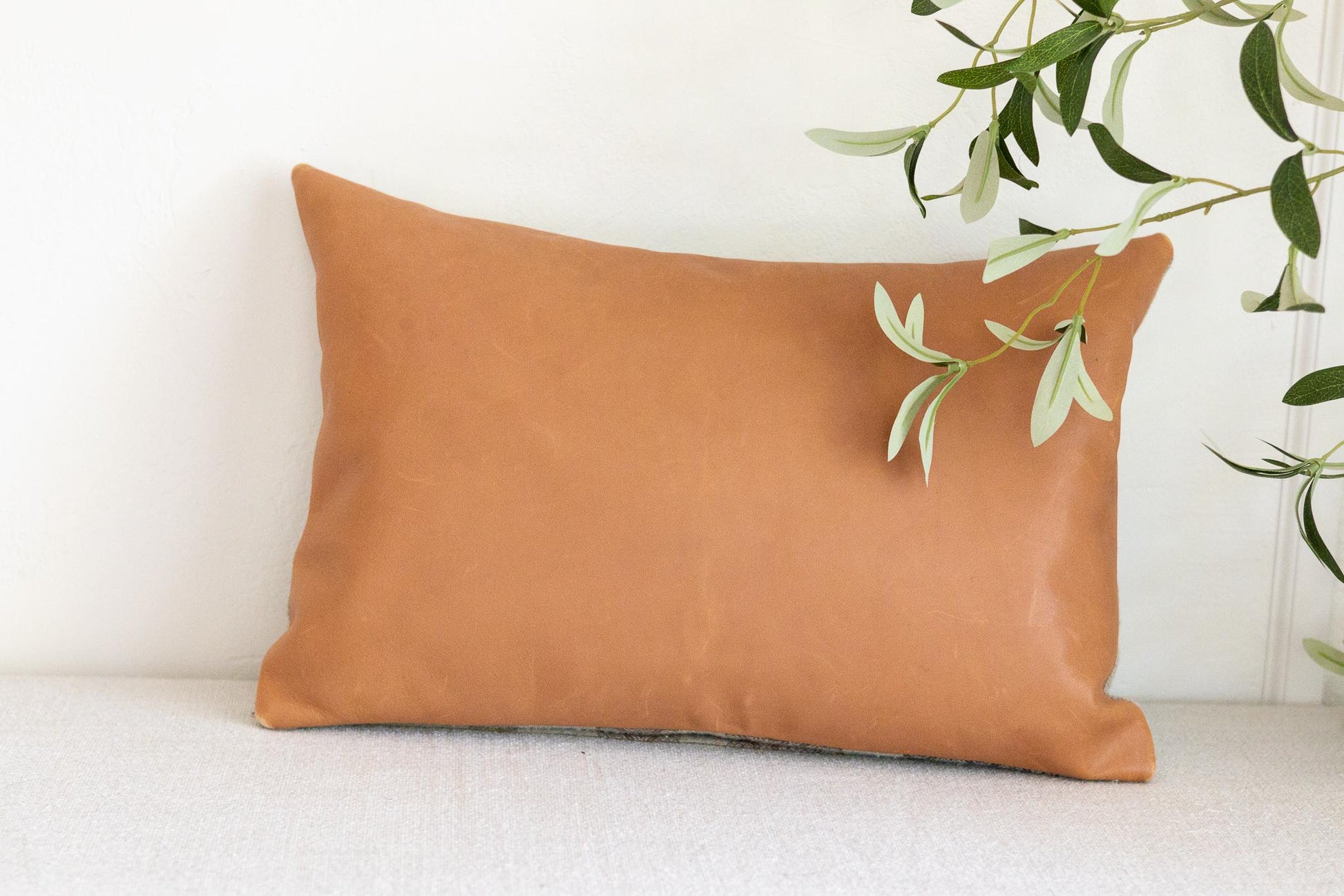 Brown leather pillow on a white surface with green leaves in the background
